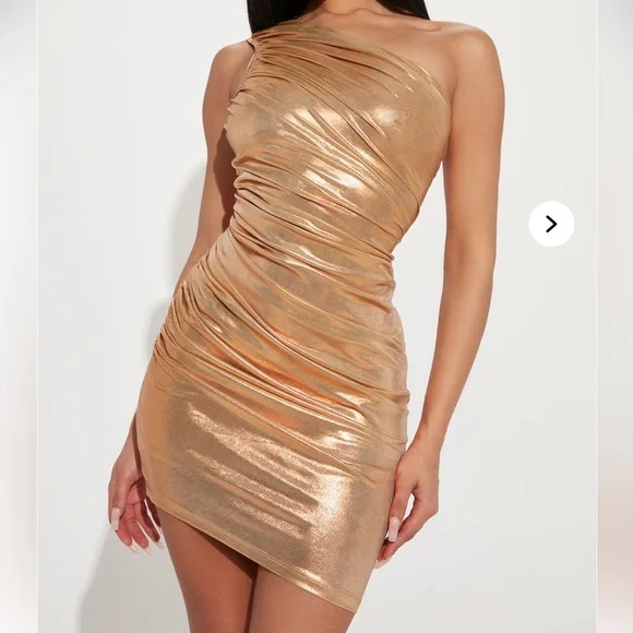 Fashion Nova | Dresses | Fashion Nova Gold Ruched One Shoulder Dress |  Poshmark